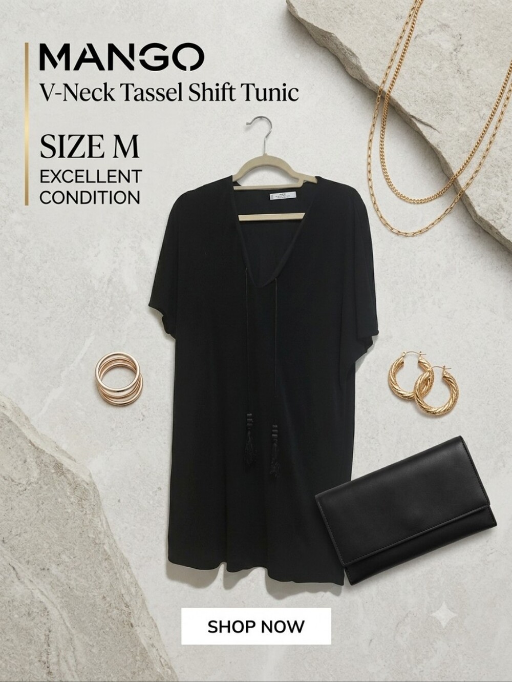 MNG Mango Suit Collection Black V-Neck Tassel Tunic Shift Dress Size M Style 410